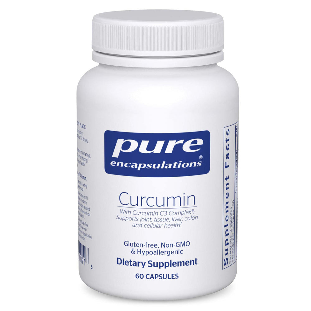 Pure Encapsulations Curcumin 500 mg bottle highlighting joint support and liver wellness