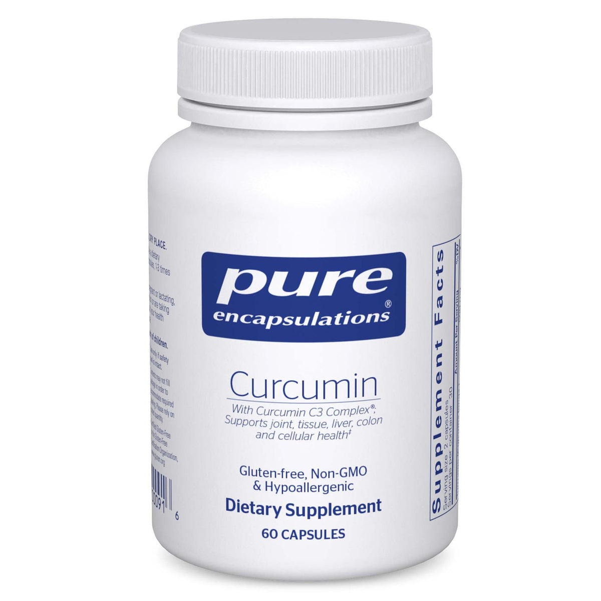 Pure Encapsulations Curcumin 500 mg bottle highlighting joint support and liver wellness