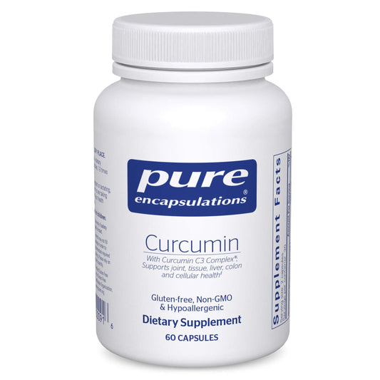Pure Encapsulations Curcumin 500 mg bottle highlighting joint support and liver wellness