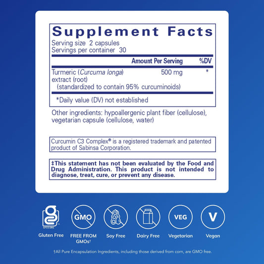 Pure Encapsulations Curcumin 500 mg capsules shown as vegan non GMO daily supplement