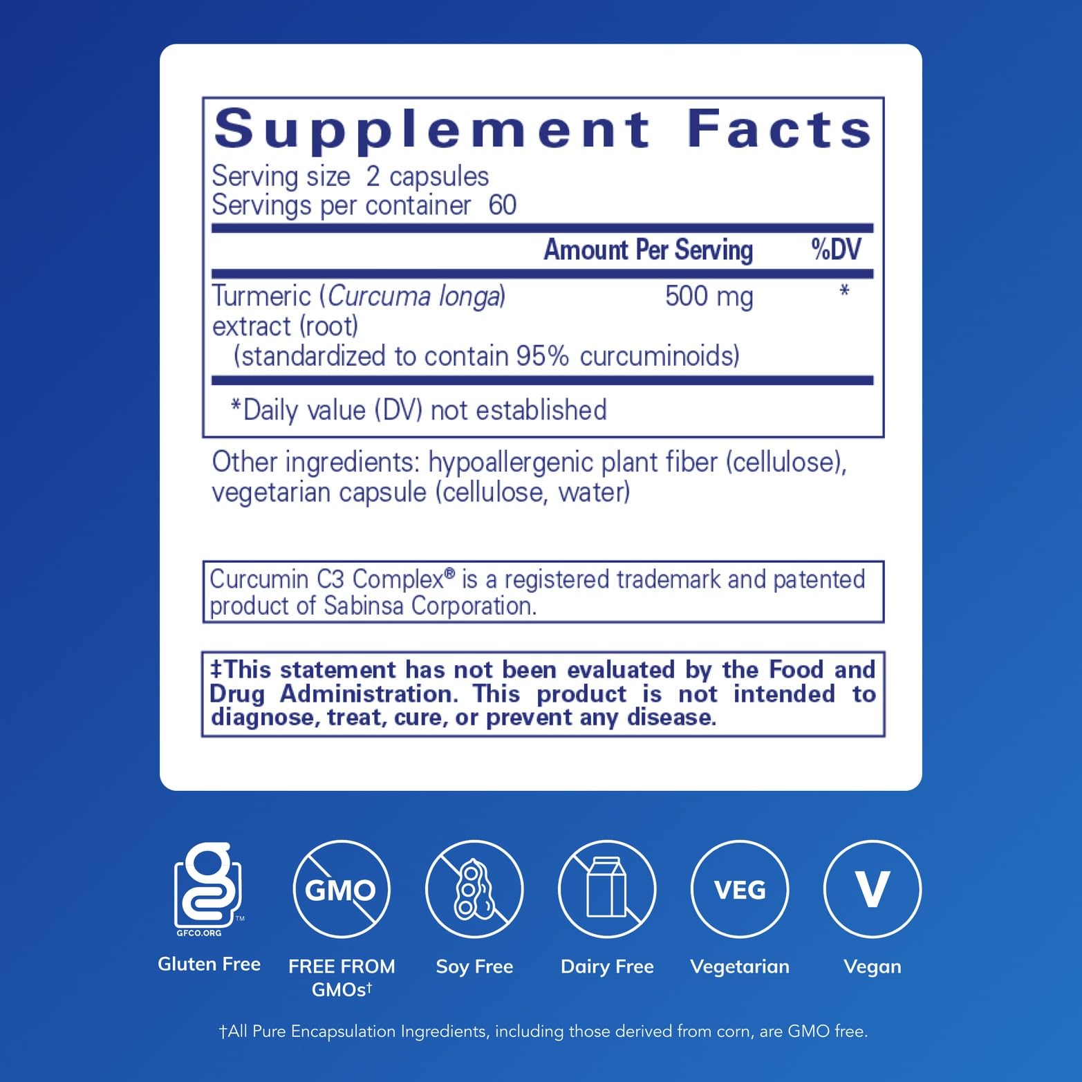 Pure Encapsulations Curcumin capsules close-up highlighting easy to swallow vegan capsules