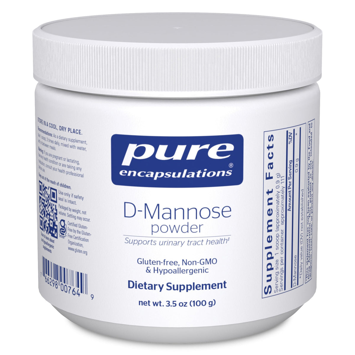 Pure Encapsulations D-Mannose Powder bottle showing compact bladder health support packaging.