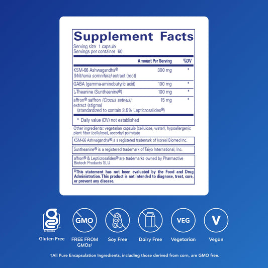 Close-up of Daily Calm ingredients showing ashwagandha, saffron, and L-theanine for mood balance.