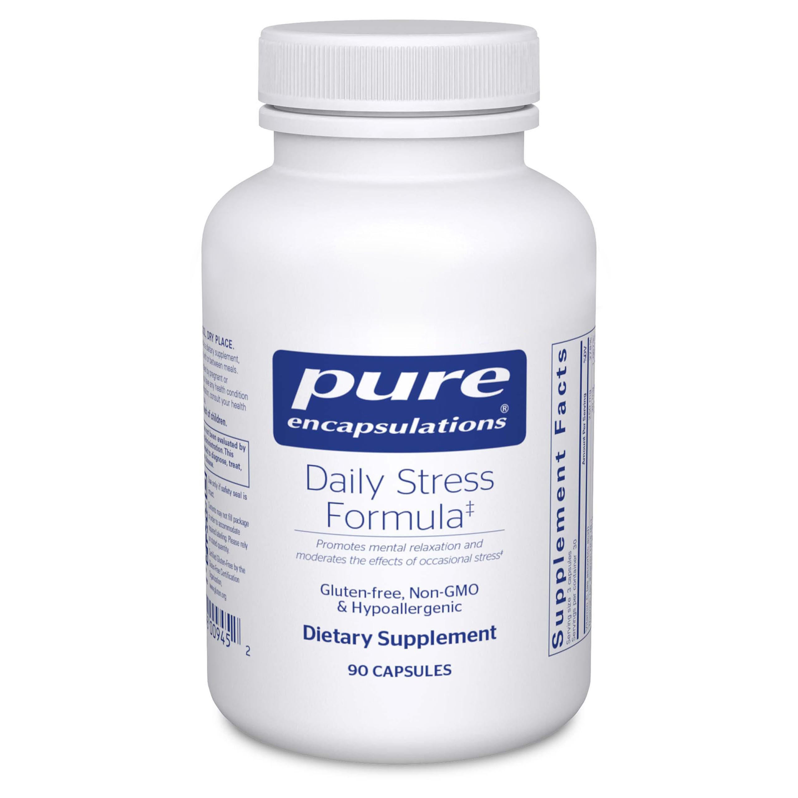 Pure Encapsulations Daily Stress Formula bottle on table suggesting calm support