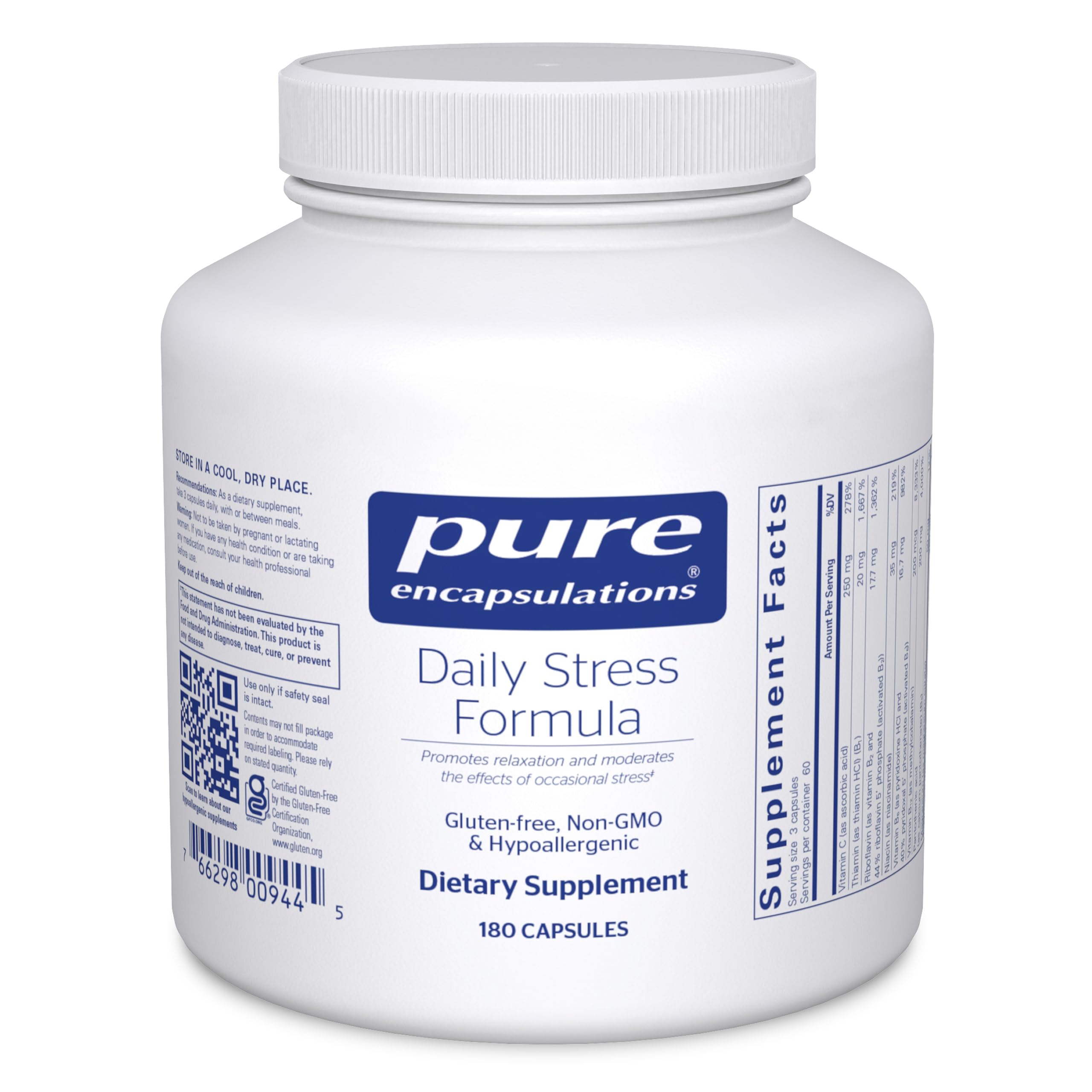 Pure Encapsulations Daily Stress Formula bottle for daily use, supporting calm moments.