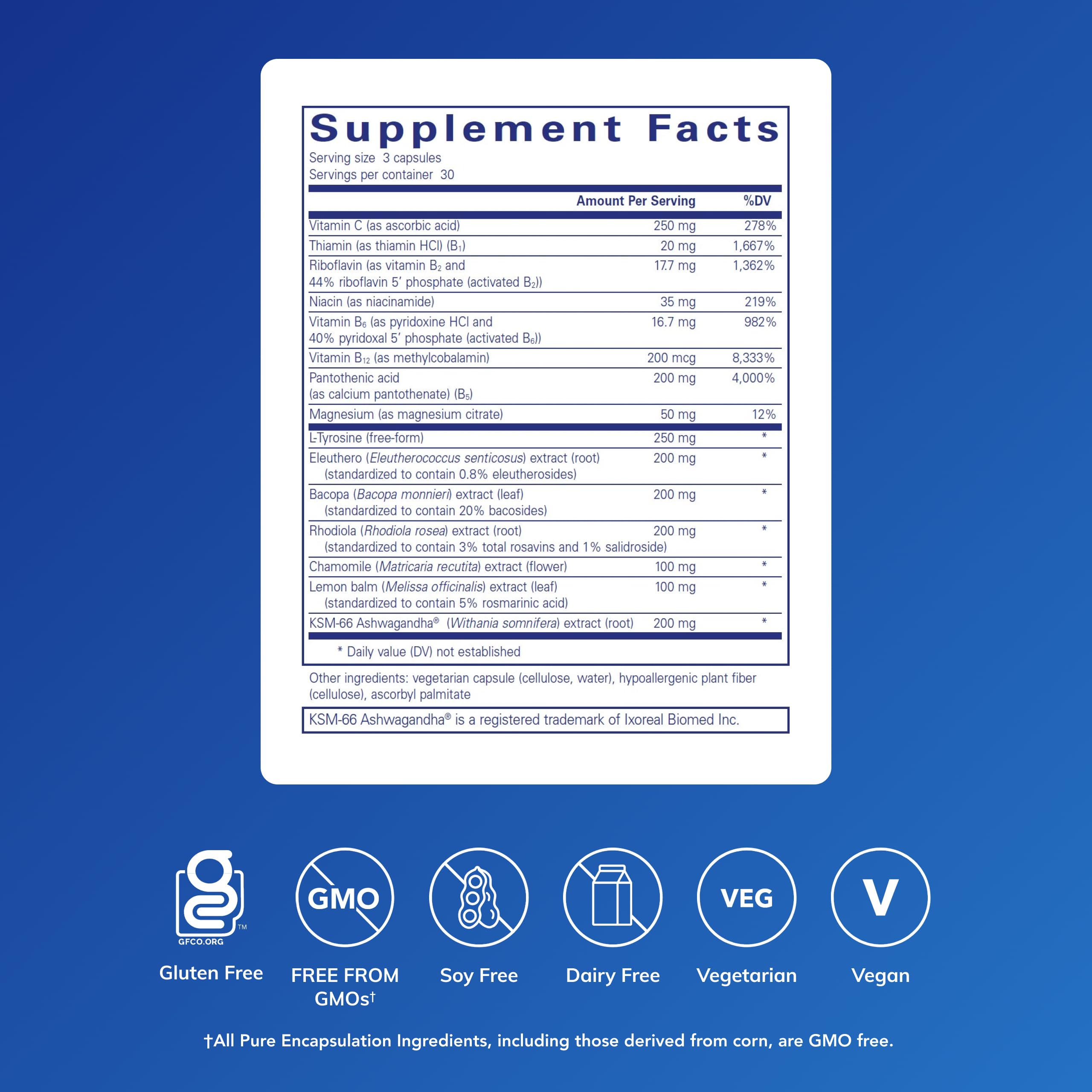 Capsules of Pure Encapsulations Daily Stress Formula ready to take for daily stress support