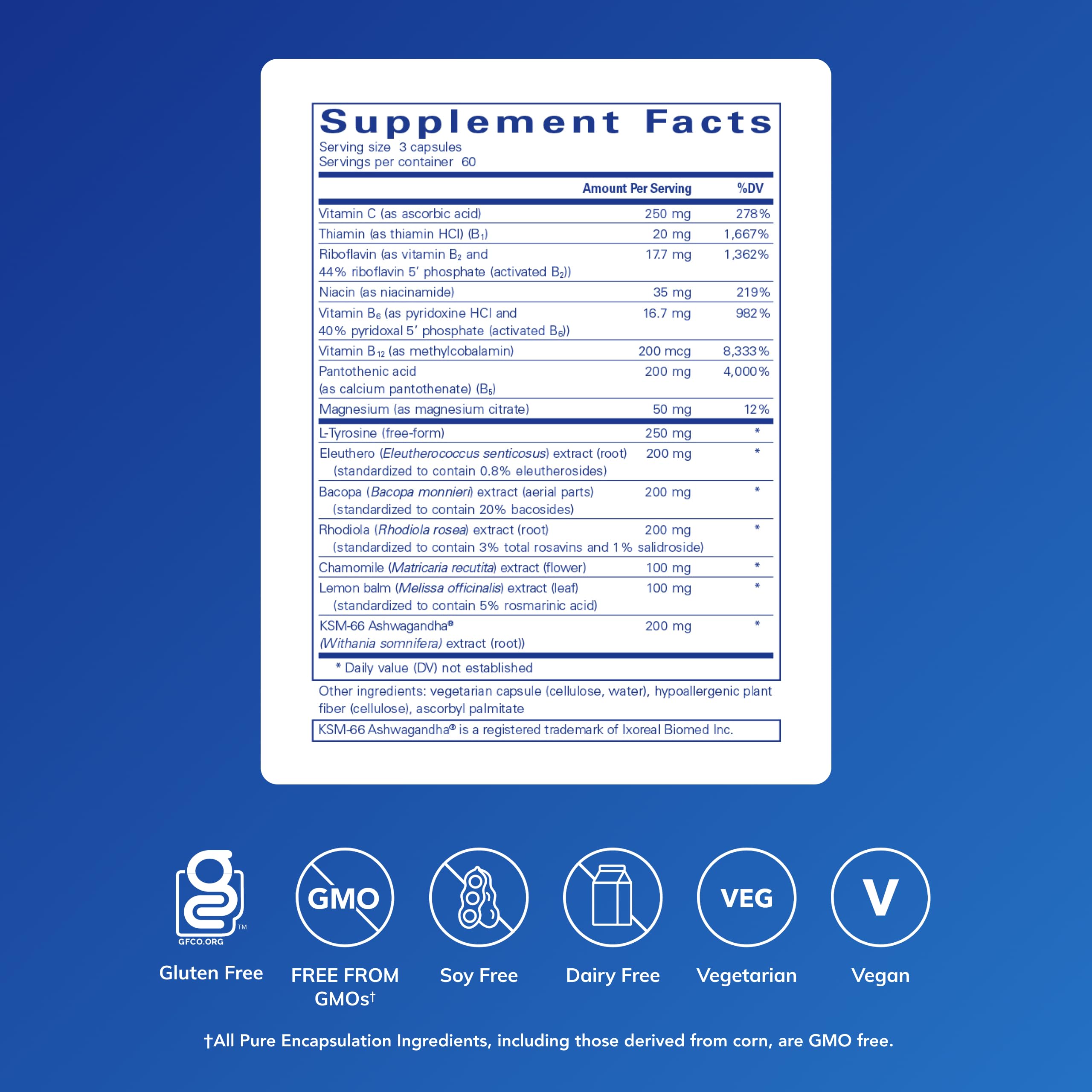 Pure Encapsulations Daily Stress Formula capsules close-up highlighting easy-to-swallow pills.