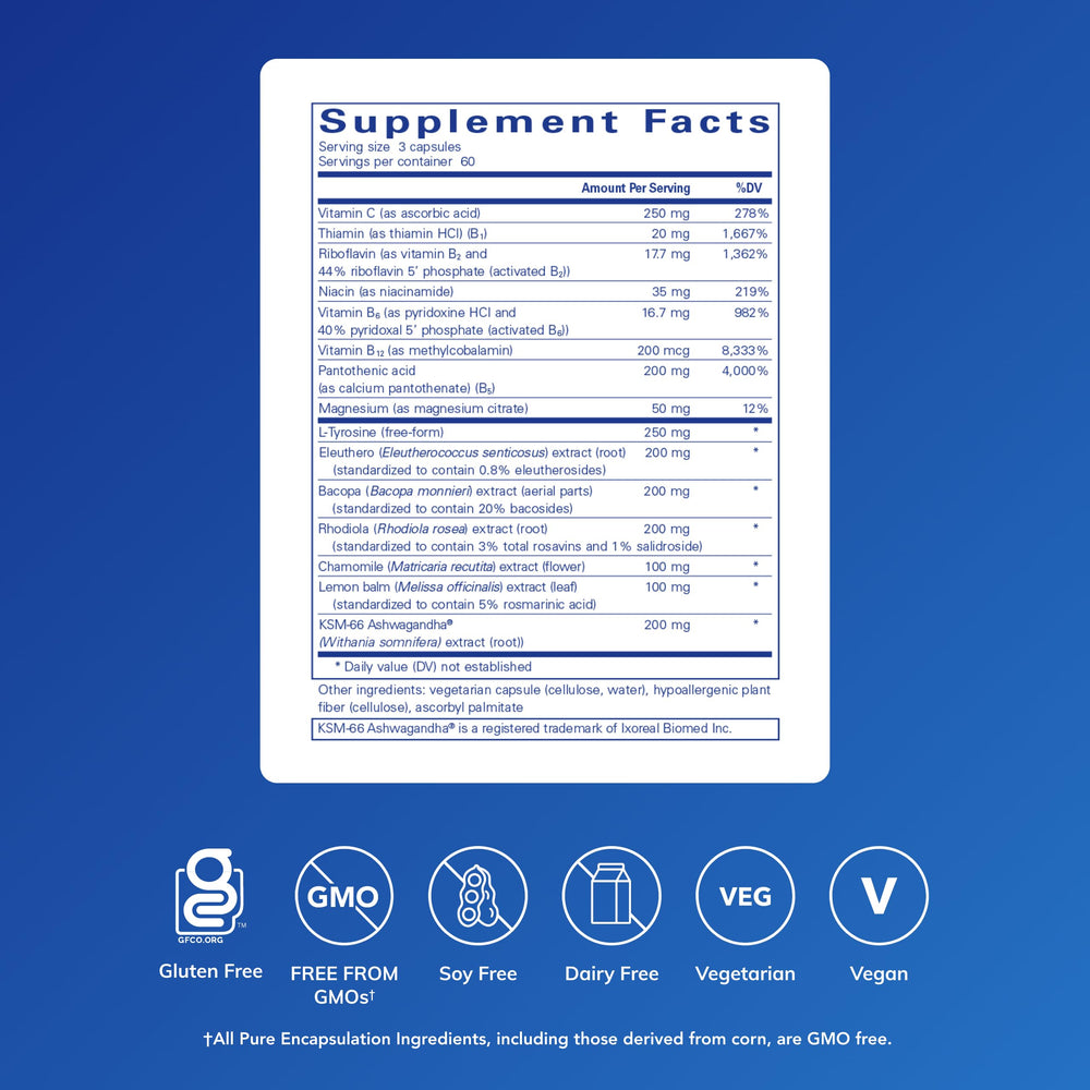 Pure Encapsulations Daily Stress Formula capsules close-up highlighting easy-to-swallow pills.