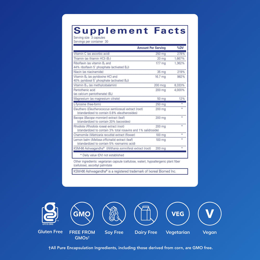 Capsules of Pure Encapsulations Daily Stress Formula ready to take for daily stress support