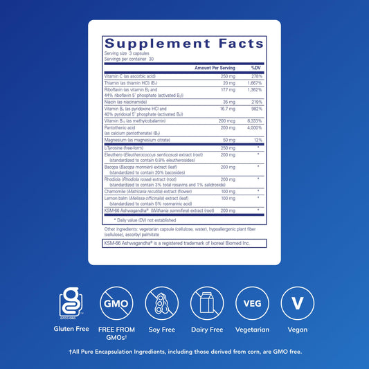 Capsules of Pure Encapsulations Daily Stress Formula ready to take for daily stress support