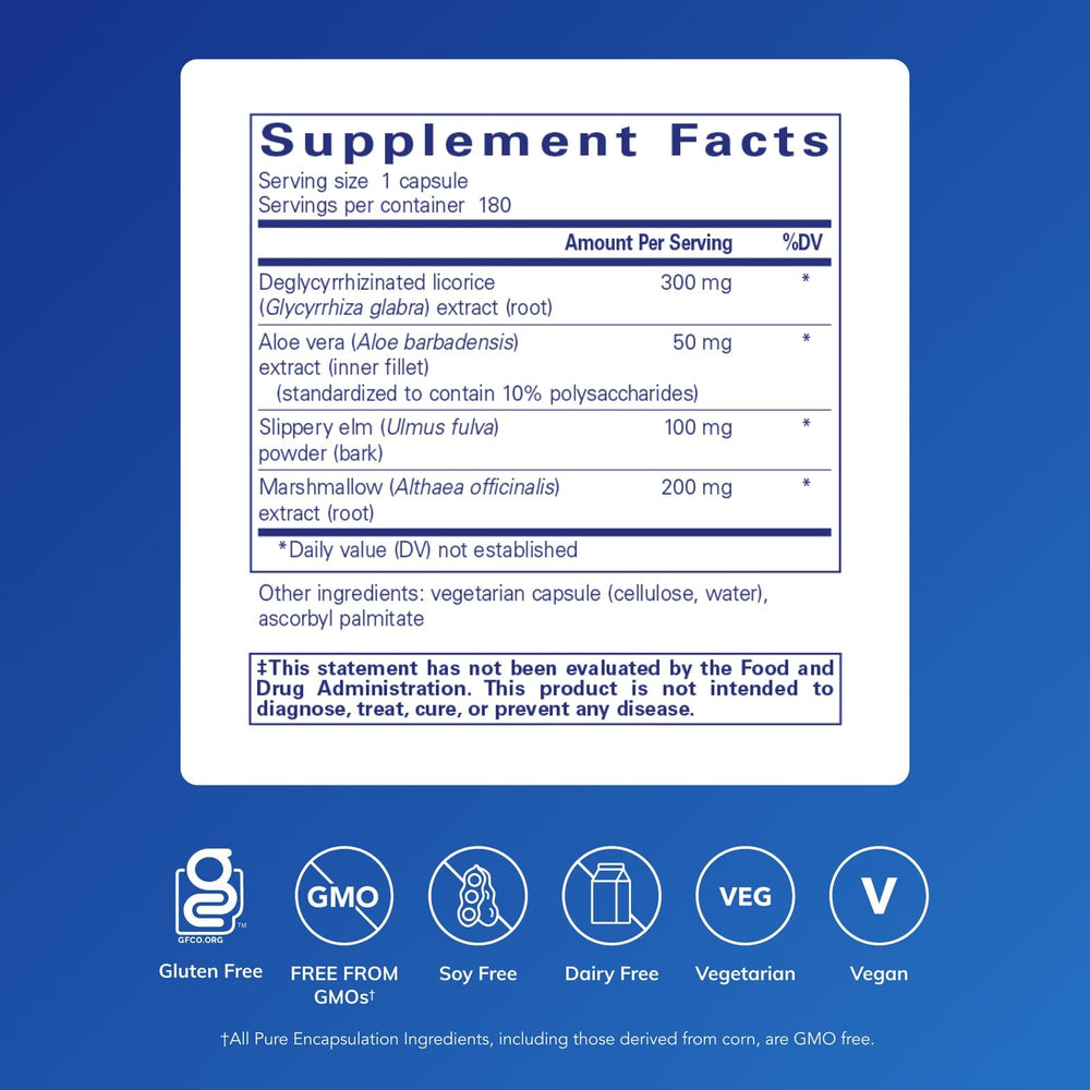 Pure Encapsulations DGL Plus bottle back label shows ingredients list.