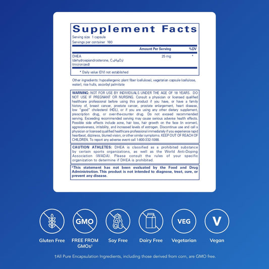 Pure Encapsulations DHEA 25 mg capsules shown for daily energy support