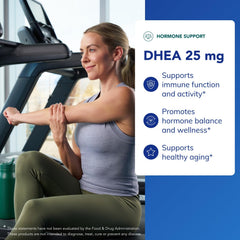 Pure Encapsulations DHEA 25 mg bottle label details highlighting purity and potency