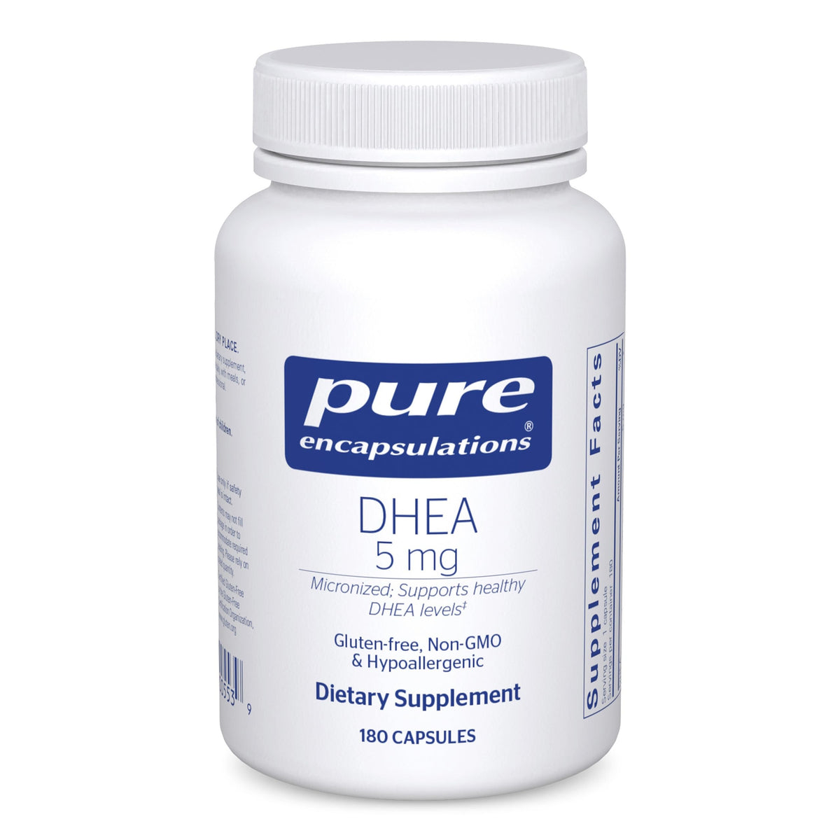 Pure Encapsulations DHEA 5 mg bottle in view, clean design and label clarity
