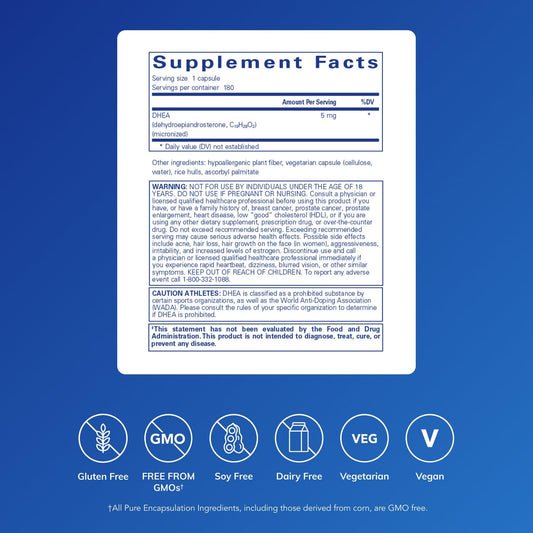 DHEA 5 mg capsules from Pure Encapsulations stacked together