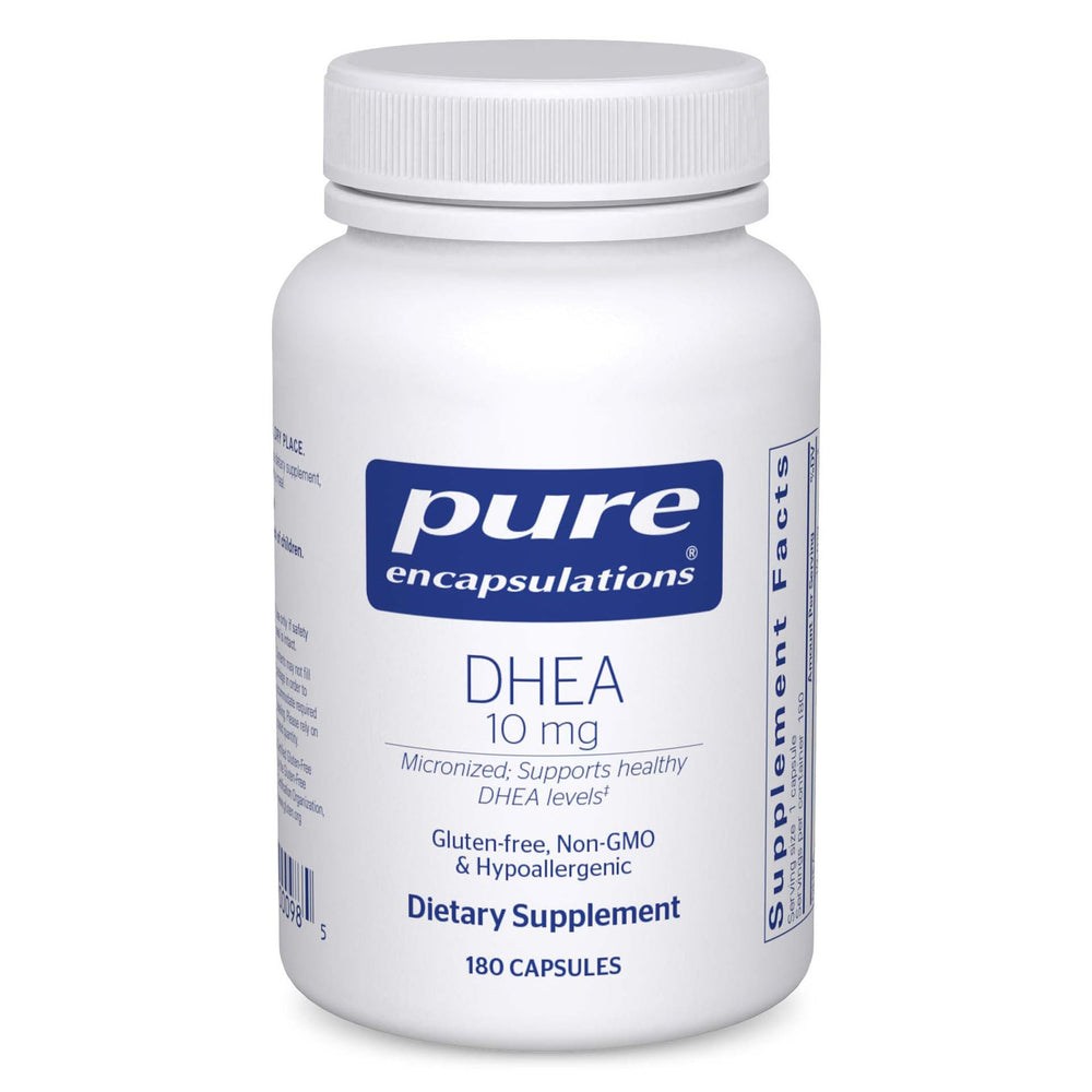 Pure Encapsulations DHEA bottle with micronized capsules for adrenal support.