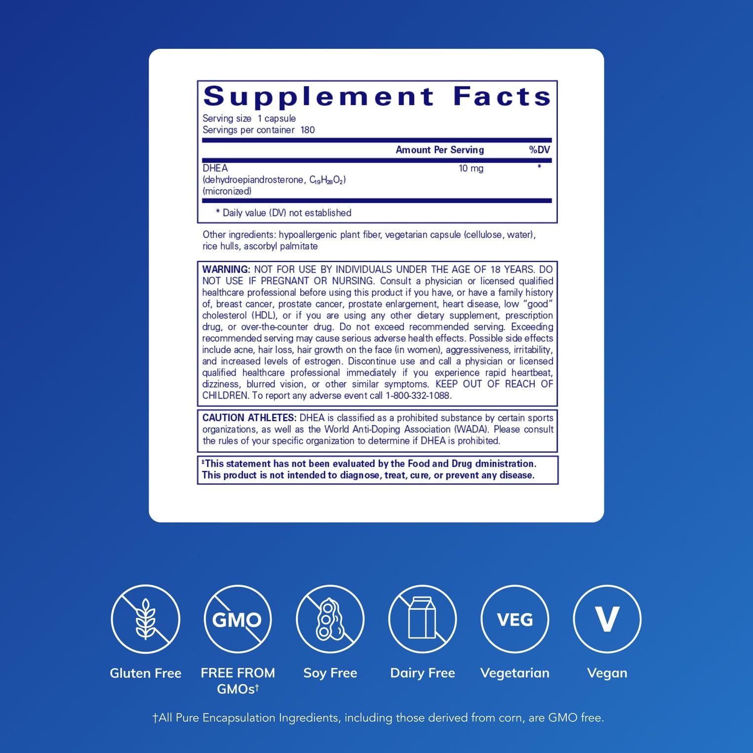Close-up of Pure Encapsulations DHEA capsules showing easy-to-swallow form.