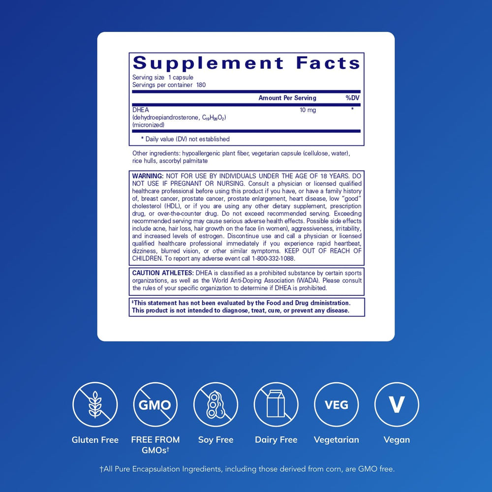 Close-up of Pure Encapsulations DHEA capsules showing easy-to-swallow form.