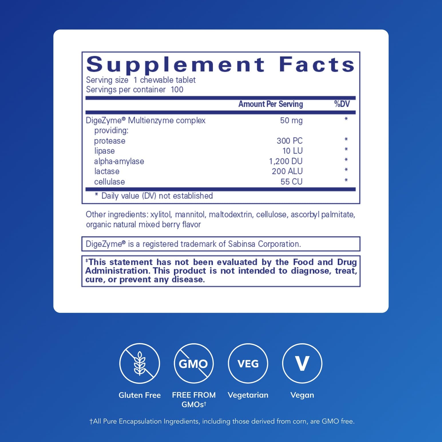 Close-up of Pure Encapsulations Digestive Enzyme Chewables tablets for easy dosing.