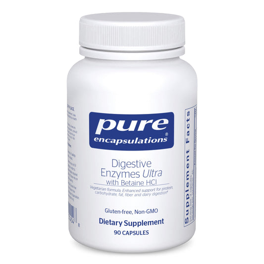 Pure Encapsulations Digestive Enzymes Ultra bottle label highlights vegan enzymes for nutrient absorption.