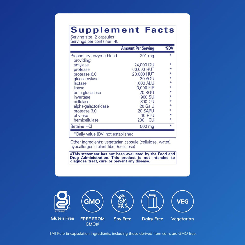 Pure Encapsulations Digestive Enzymes Ultra capsules on table for protein and dairy digestion support.