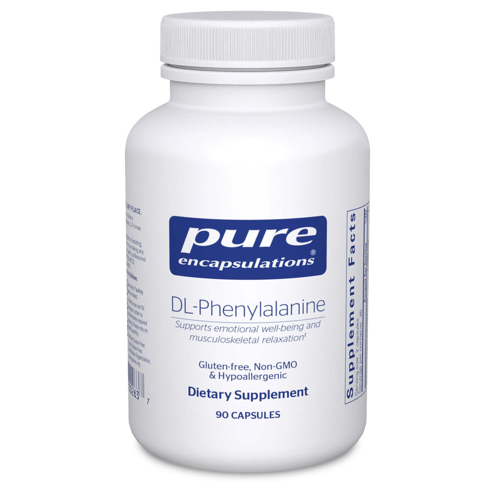 Pure Encapsulations DL-Phenylalanine bottle on white background supporting memory and focus.