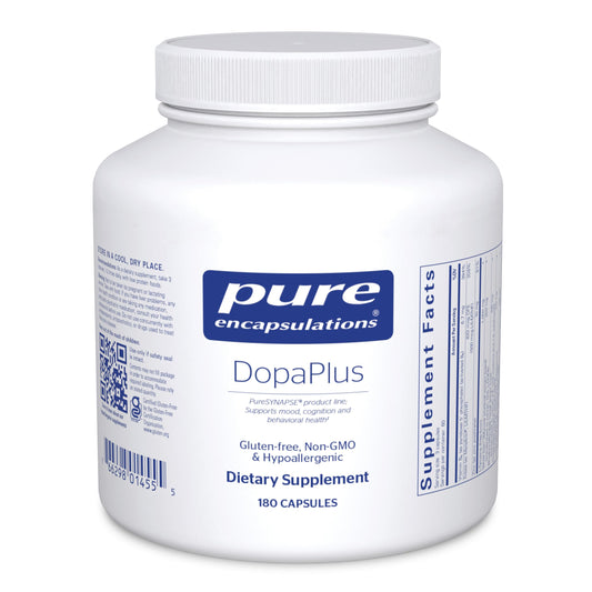 Pure Encapsulations DopaPlus bottle label showcases vegan, non-GMO brain support formulation.