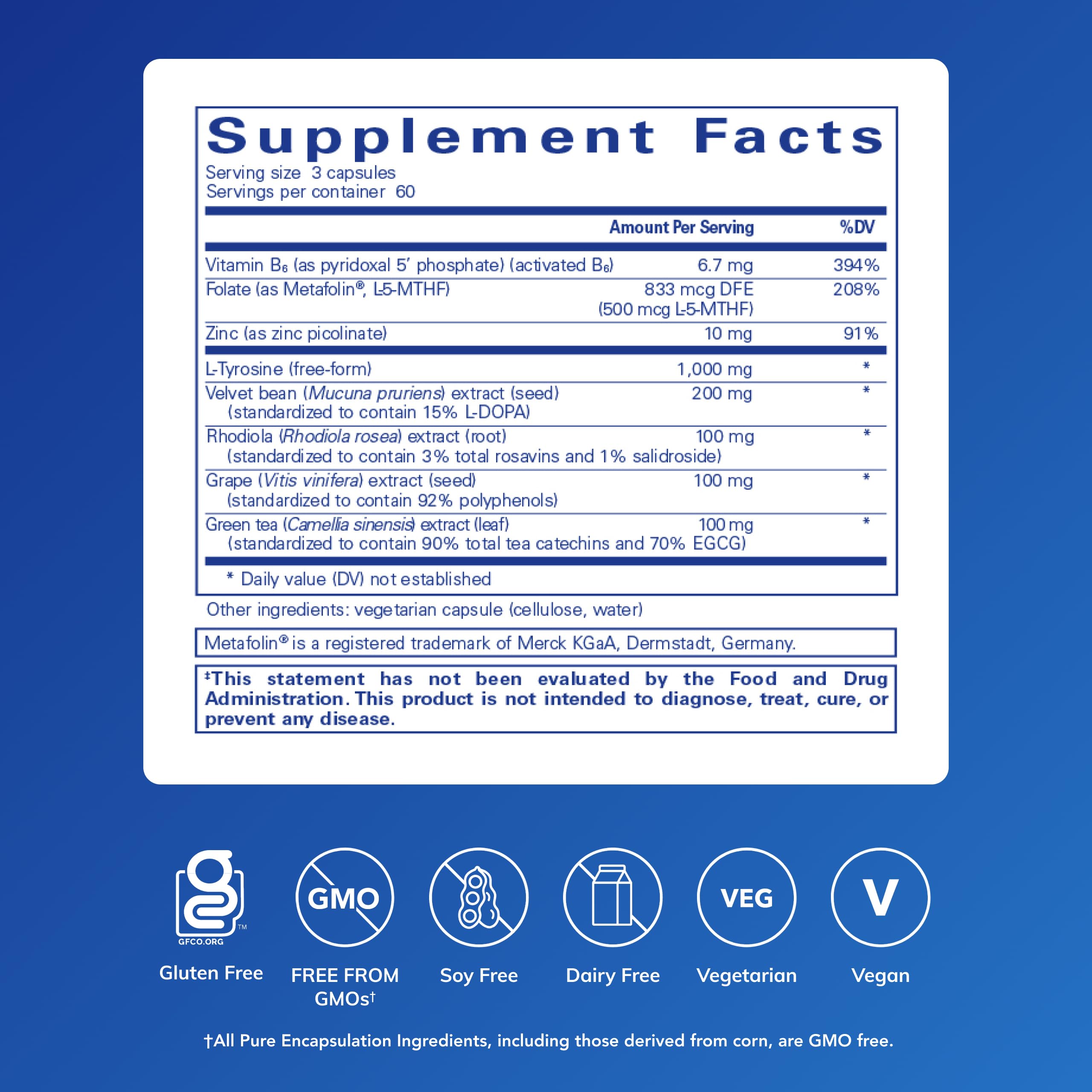 Pure Encapsulations DopaPlus capsules close-up with L-5-MTHF and zinc for brain support.