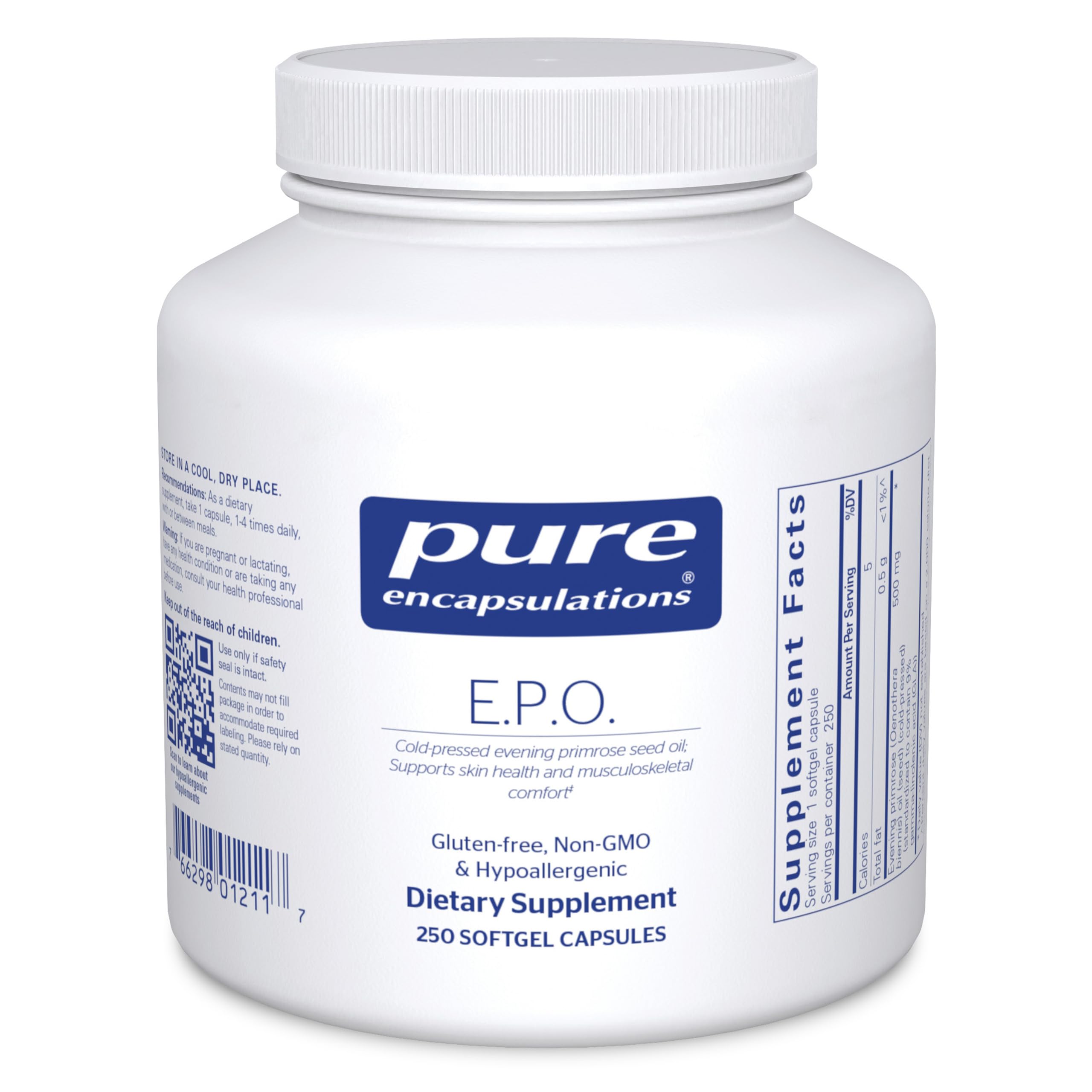Pure Encapsulations E.P.O. softgel bottle shows skin support potential and purity.