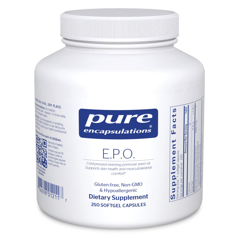 Pure Encapsulations E.P.O. softgel bottle shows skin support potential and purity.