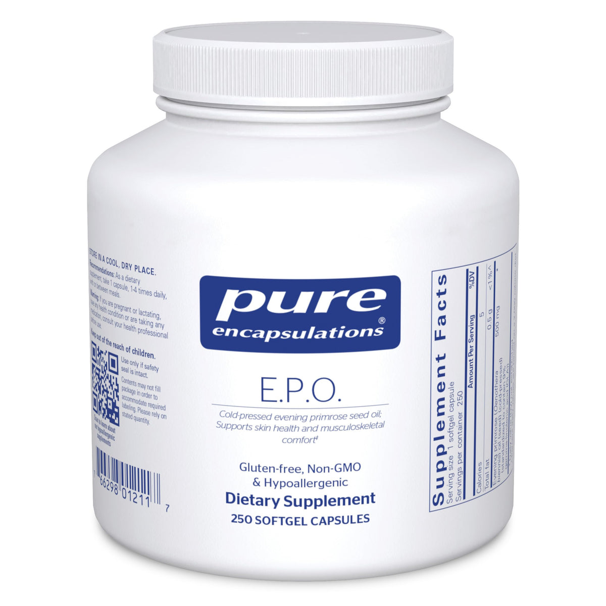 Pure Encapsulations E.P.O. softgel bottle shows skin support potential and purity.