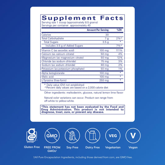 Pure Encapsulations Electrolyte/Energy Formula bottle back highlights purity and ingredient quality