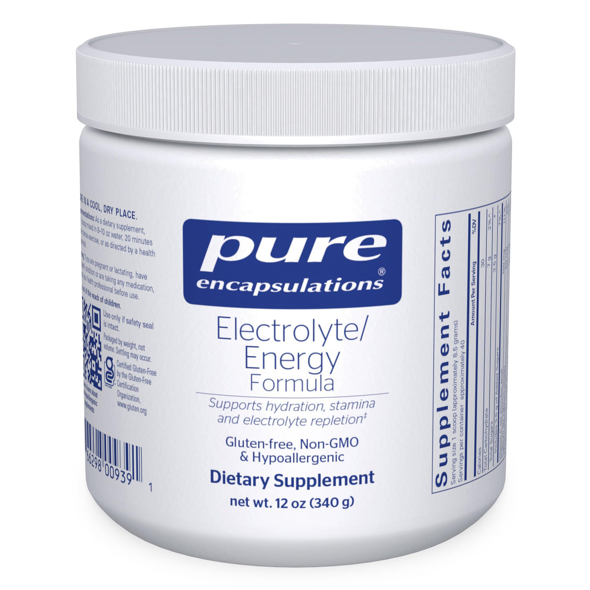 Pure Encapsulations Electrolyte/Energy Formula bottle front supports hydration during workouts