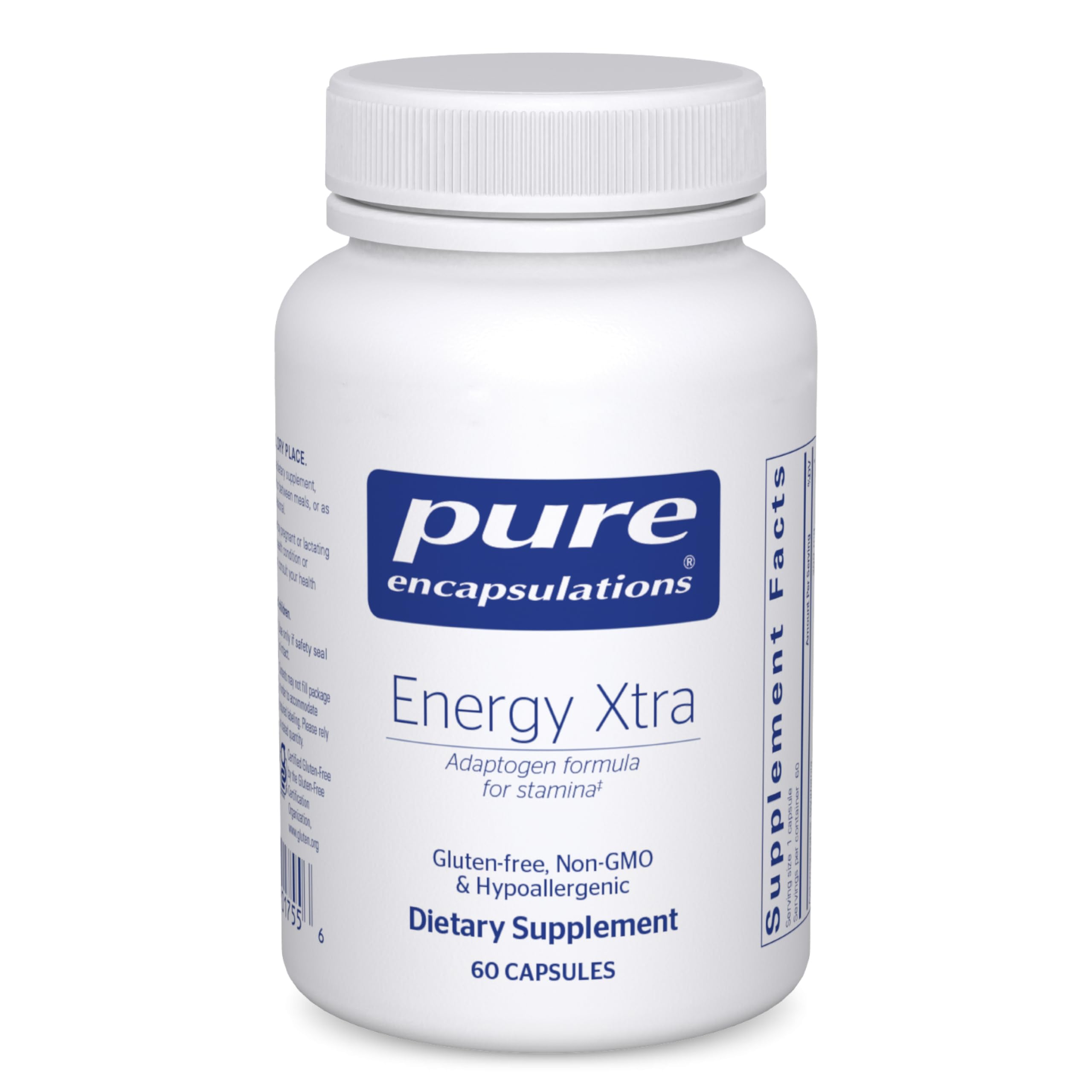 Pure Encapsulations Energy Xtra bottle front shows premium adaptogen formula for daily stamina.