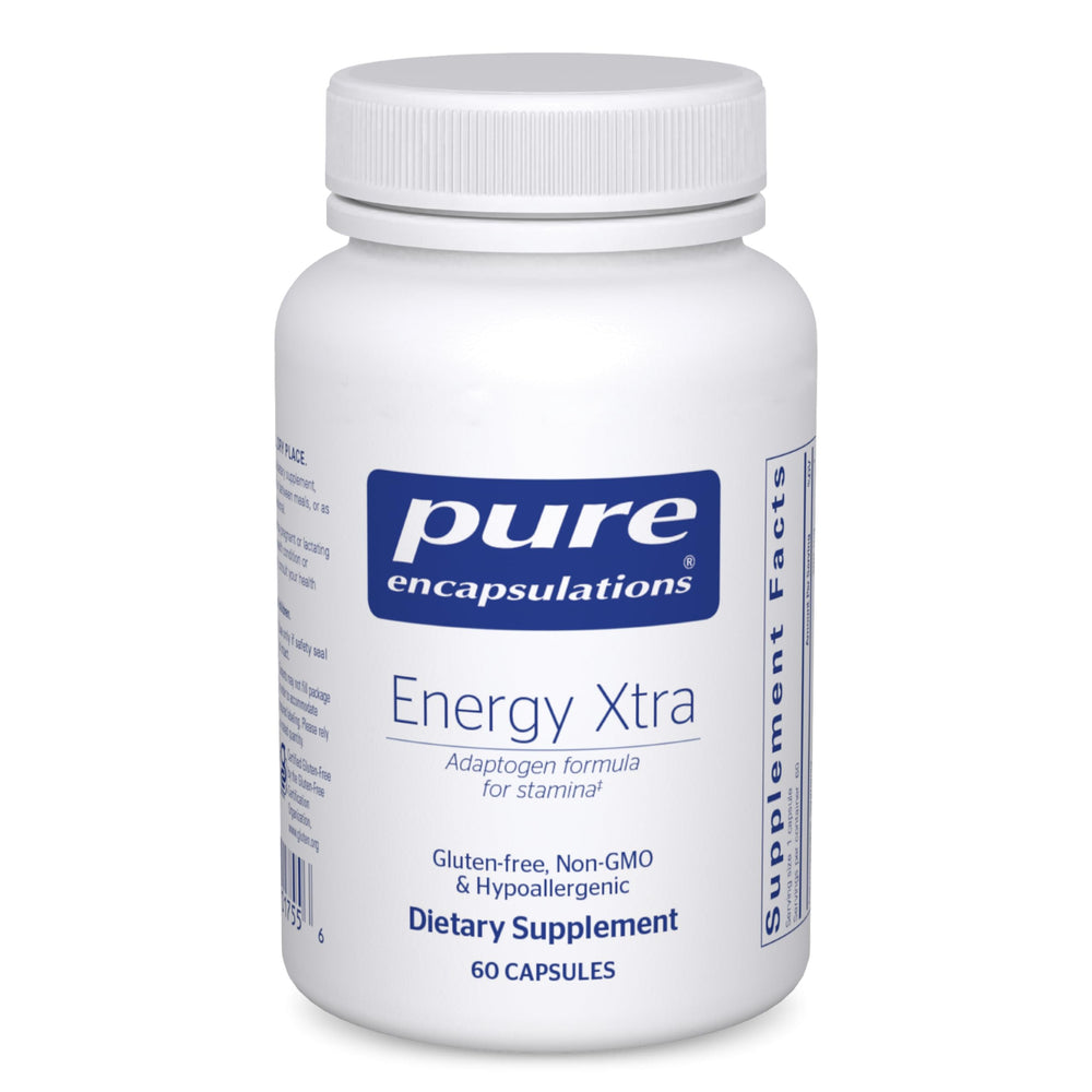 Pure Encapsulations Energy Xtra bottle front shows premium adaptogen formula for daily stamina.