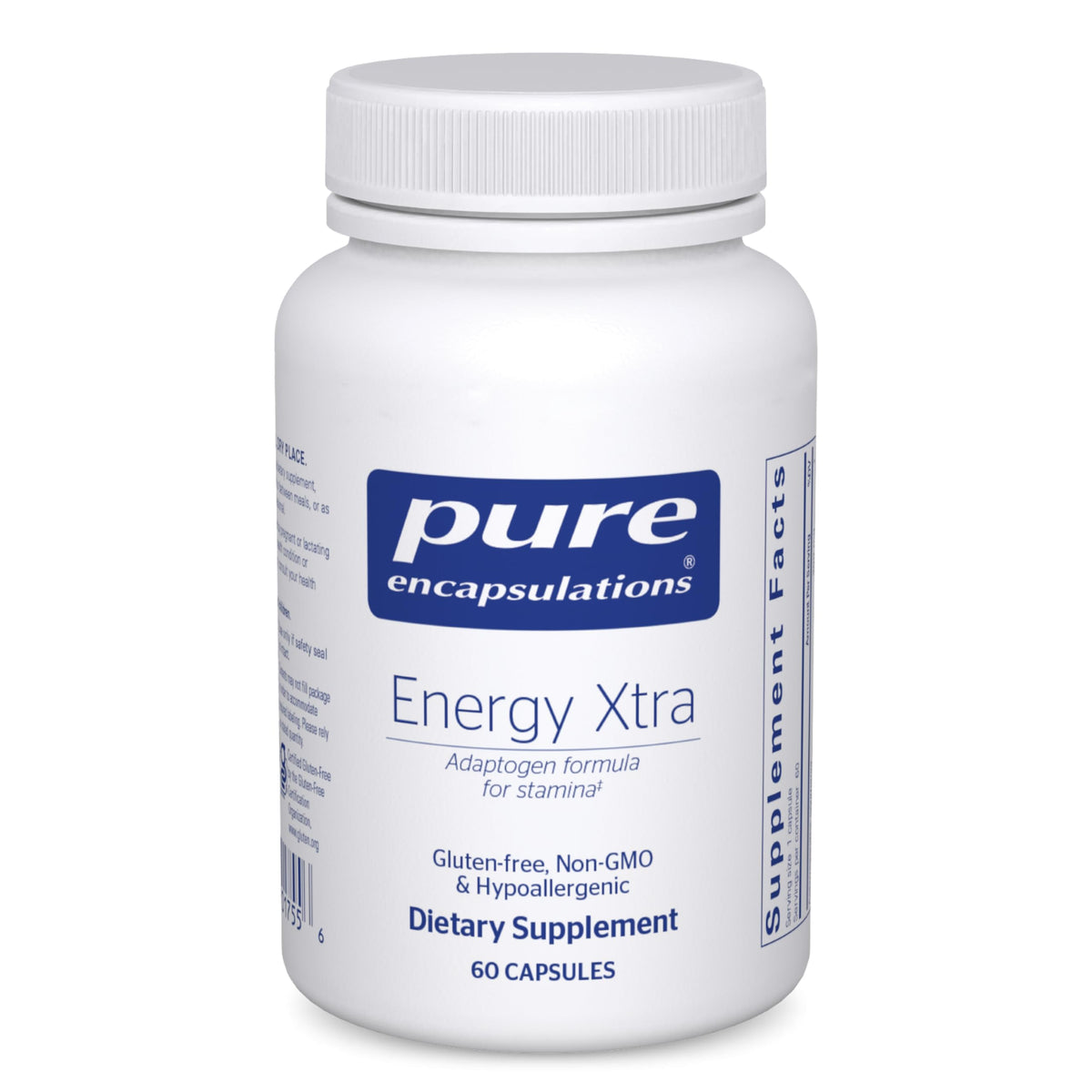 Pure Encapsulations Energy Xtra bottle front shows premium adaptogen formula for daily stamina.