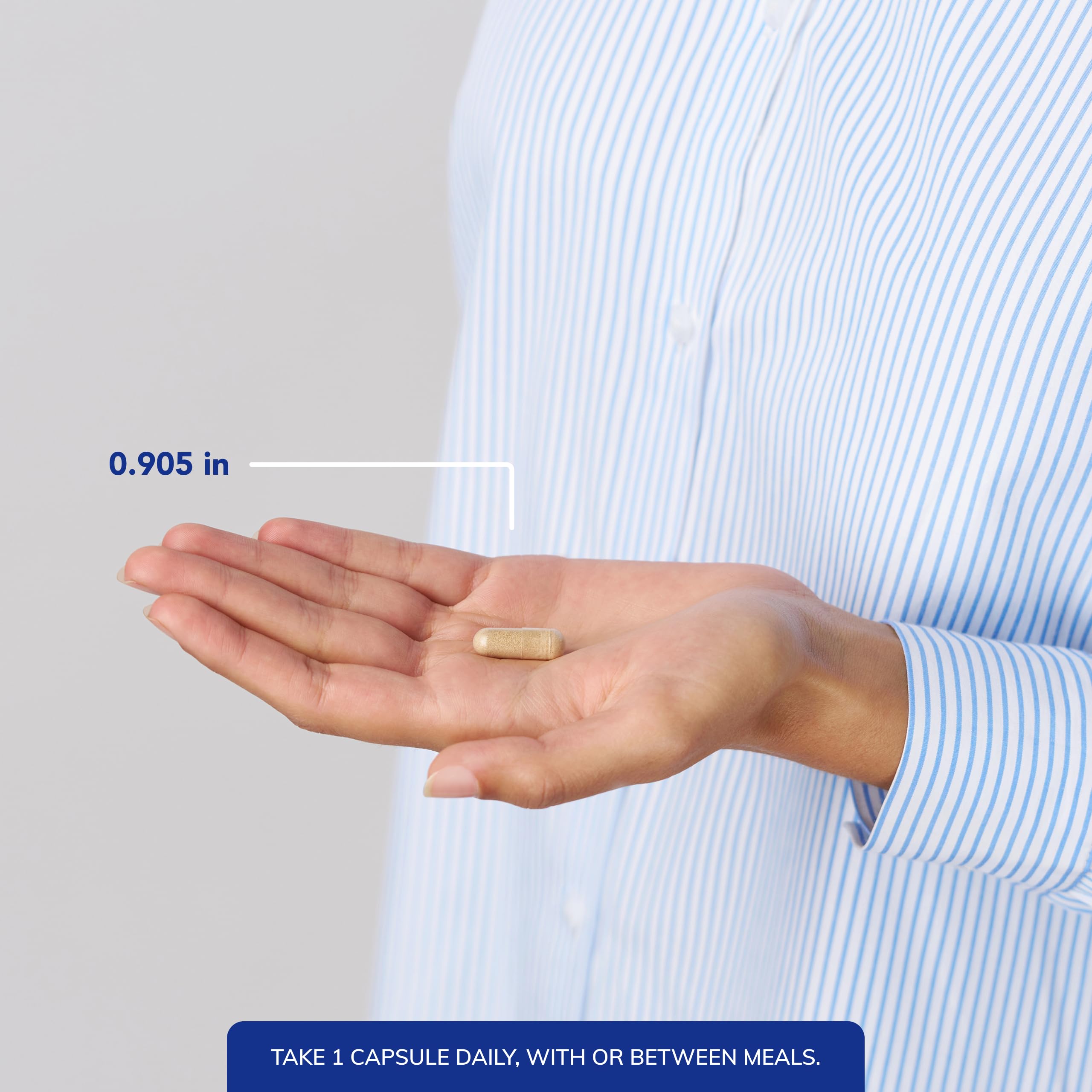 Capsules in hand suggest ready-to-use energy support for the day.