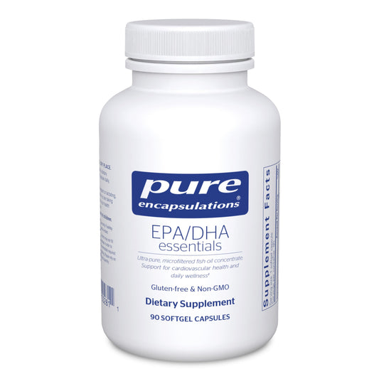 Pure Encapsulations EPA/DHA Essentials bottle front highlights omega-3 support for heart and brain