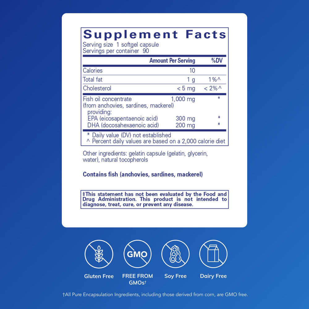 Pure Encapsulations EPA/DHA Essentials bottle pour shows easy-to-dose softgels for daily use