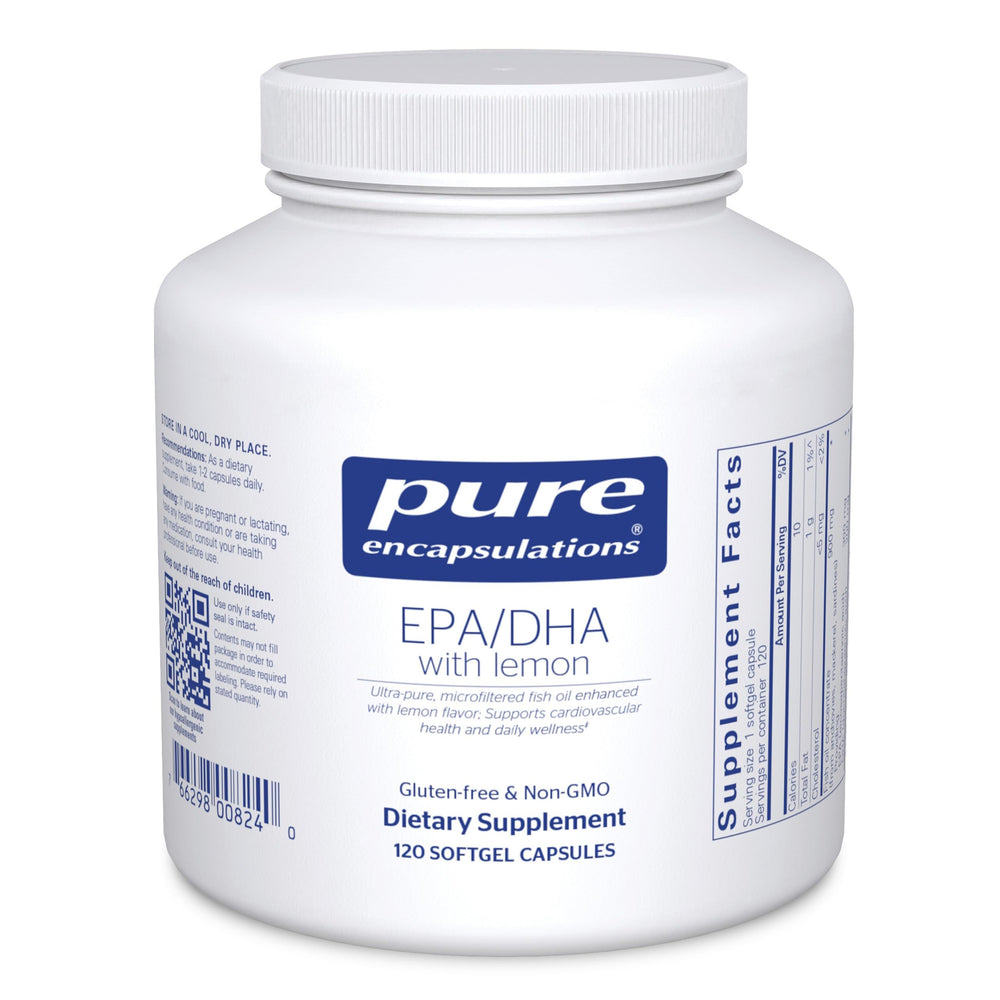 Pure Encapsulations EPA/DHA Lemon bottle shown for easy daily supplementation.