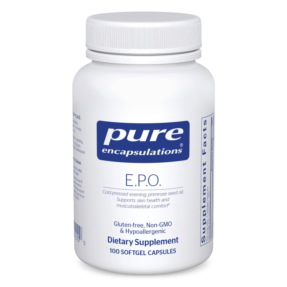 Pure Encapsulations E.P.O. softgel bottle resting on a clean surface, may support skin health.