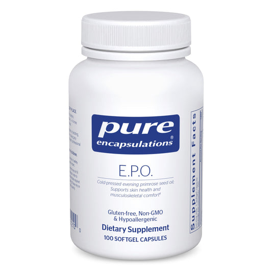 Pure Encapsulations E.P.O. softgel bottle resting on a clean surface, may support skin health.