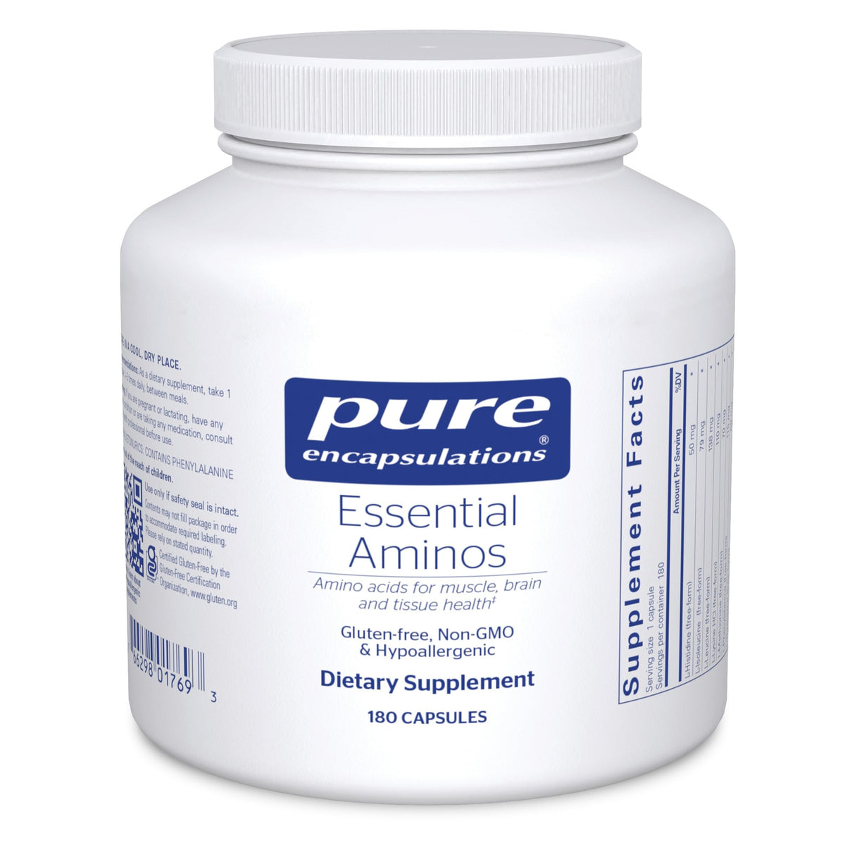 Pure Encapsulations Essential Amino Acids bottle for daily muscle support.