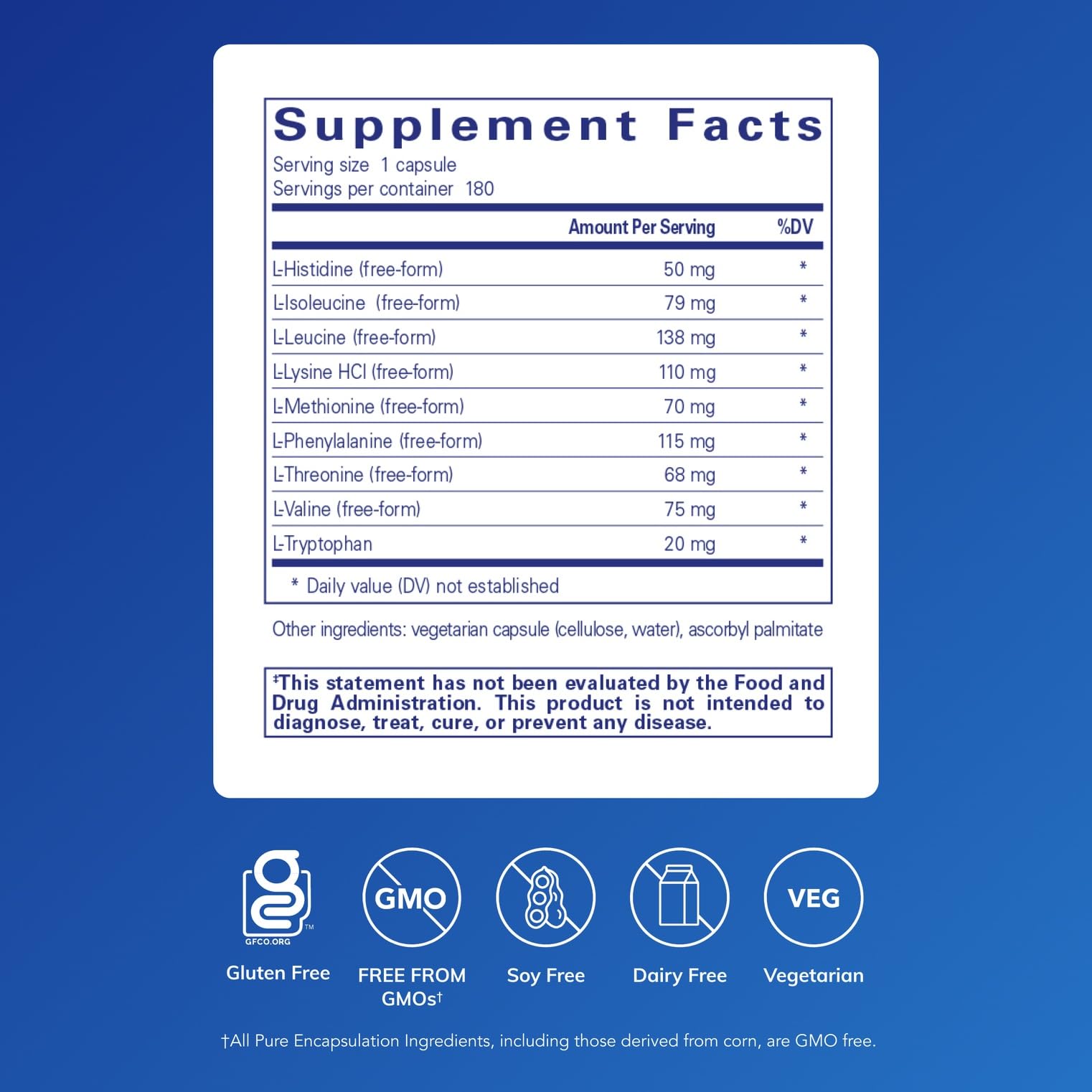 Closeup of Pure Encapsulations Essential Amino Acids capsules designed for recovery.