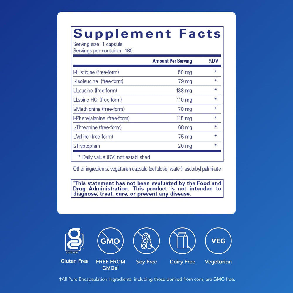 Closeup of Pure Encapsulations Essential Amino Acids capsules designed for recovery.