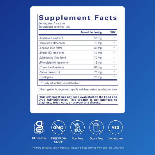 Closeup of Pure Encapsulations Essential Amino Acids capsules designed for recovery.