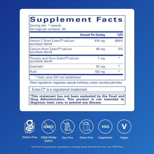 Pure Encapsulations Ester-C capsules for convenient daily immune support.