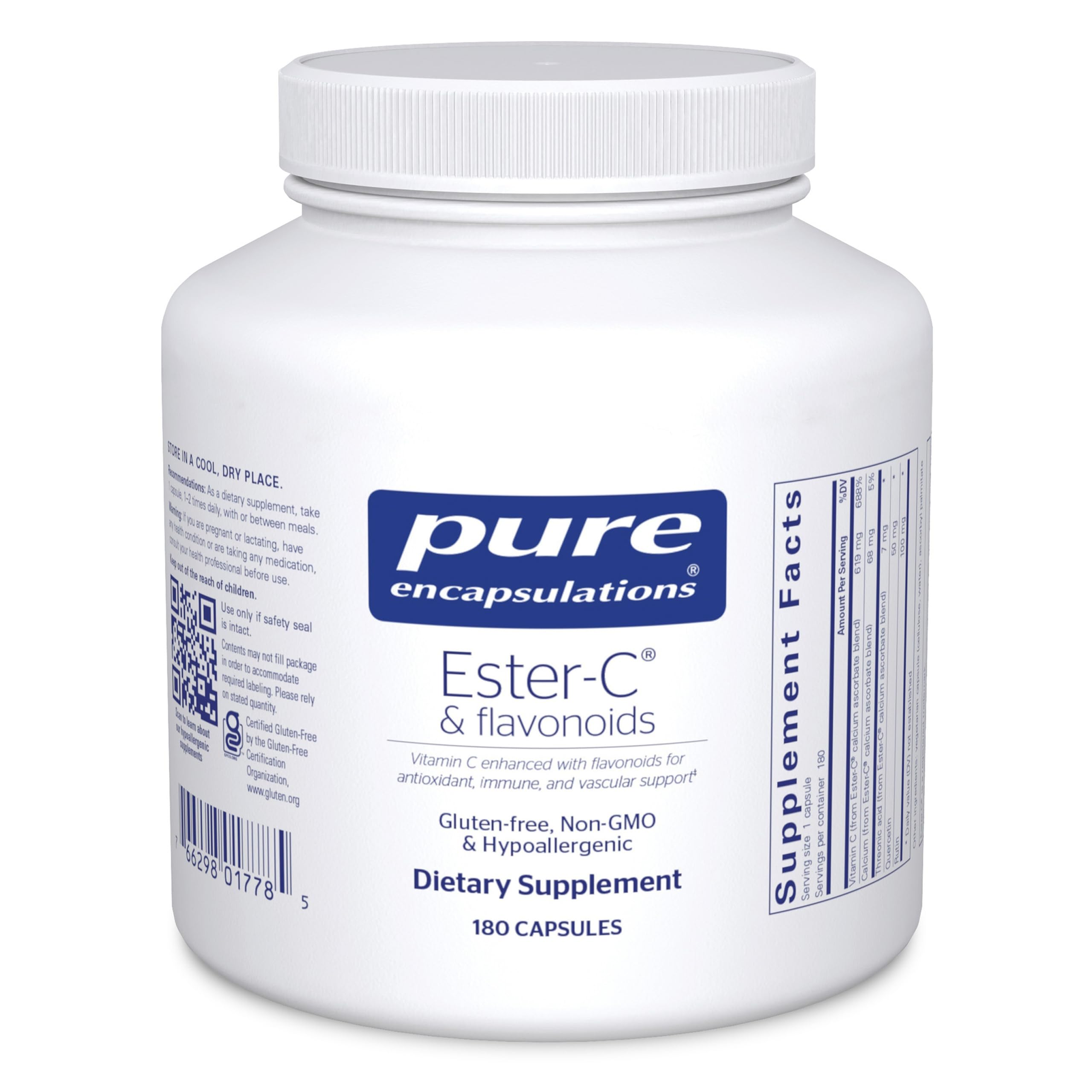 Pure Encapsulations Ester-C & Flavonoids bottle emphasizes gentle vitamin C absorption.
