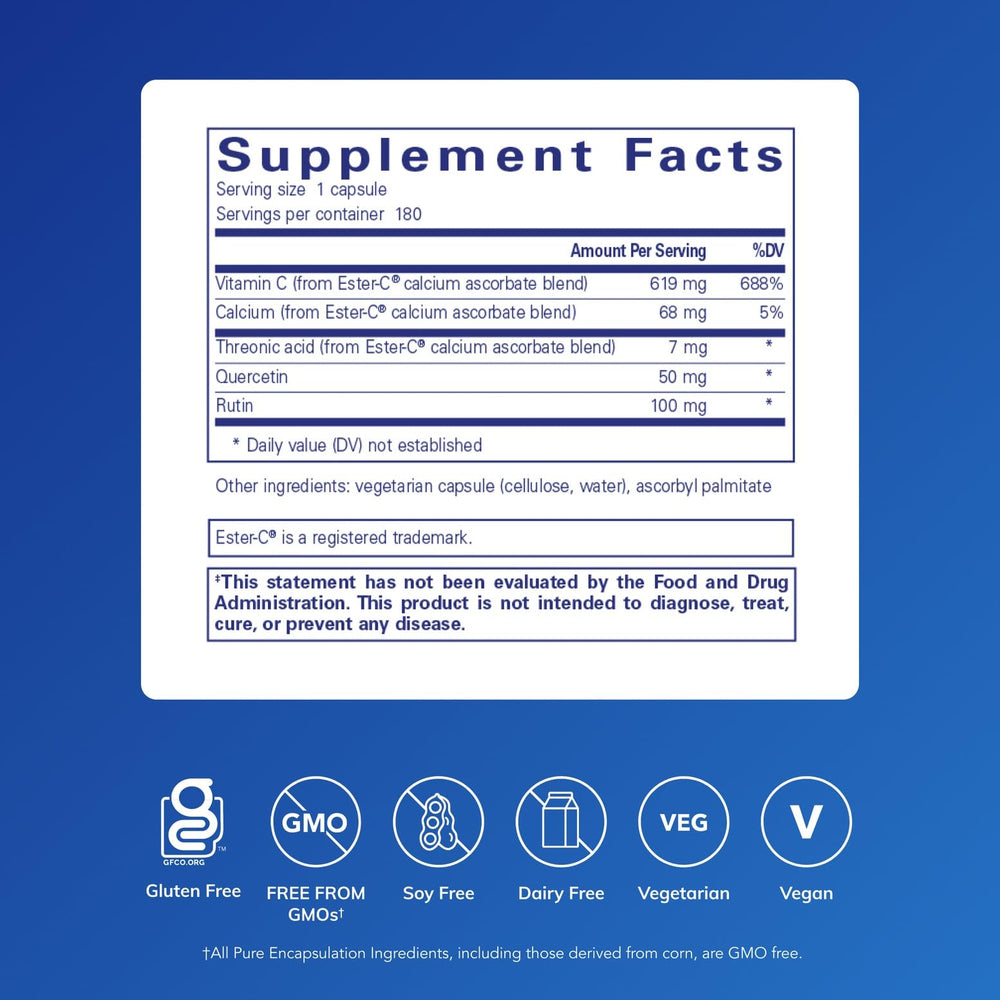 Pure Encapsulations Ester-C & Flavonoids capsules prepared for immune support.