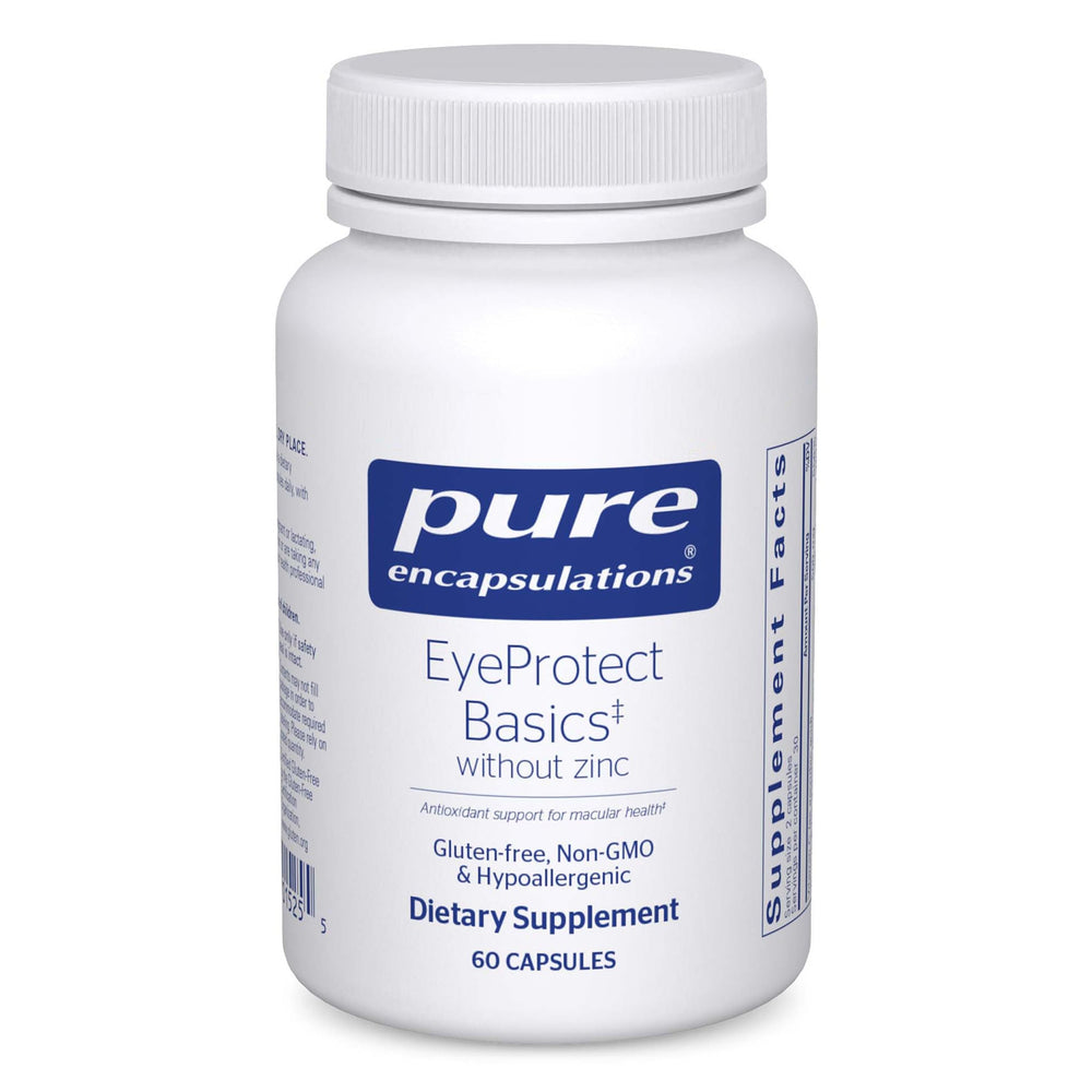 Pure Encapsulations EyeProtect Basics bottle on desk for daily antioxidant support.